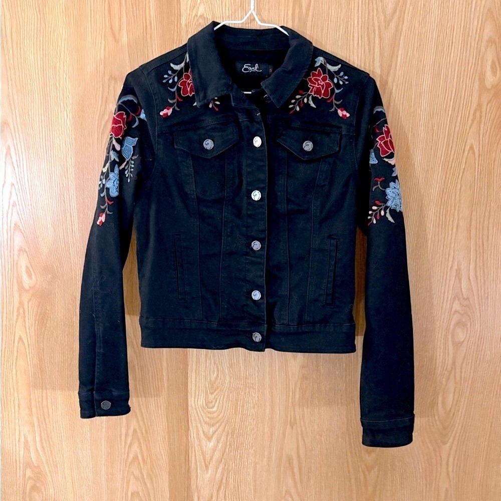Earl Jeans Black Floral Embroidered Denim Jacket
